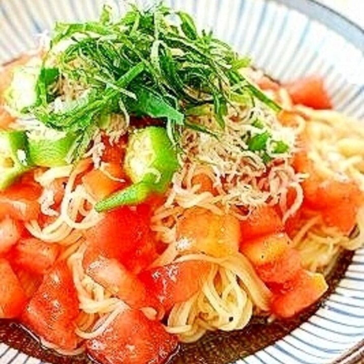 トマトとオクラの和風冷製パスタ